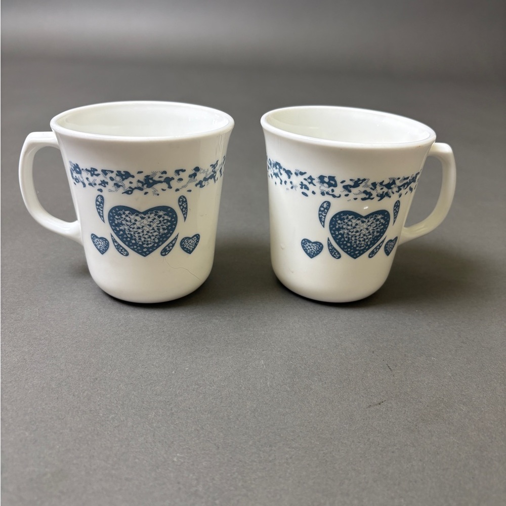 Pair of Vintage Cottagecore Corningware White Mugs with Blue Heart Design